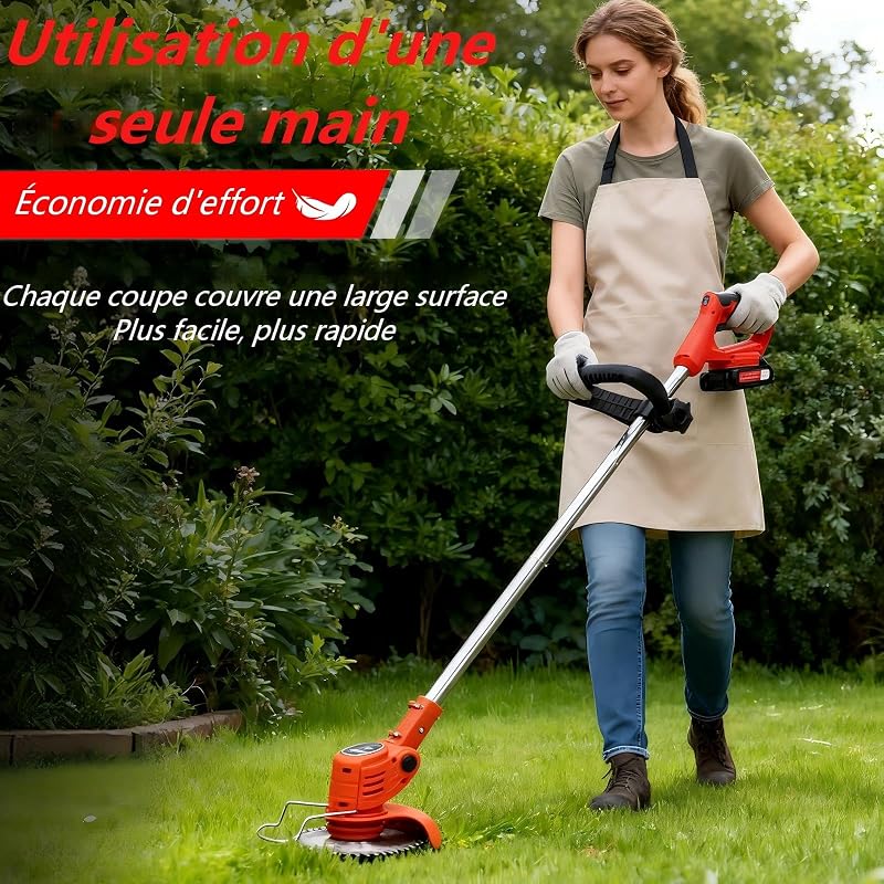 Debroussailleuse Electrique sans Fil, Débroussailleuse à Gazon Pliable avec 2 Batteries et 4 Types de Lames, Triple poignée Pliant, Pelouses et Terres Agricoles