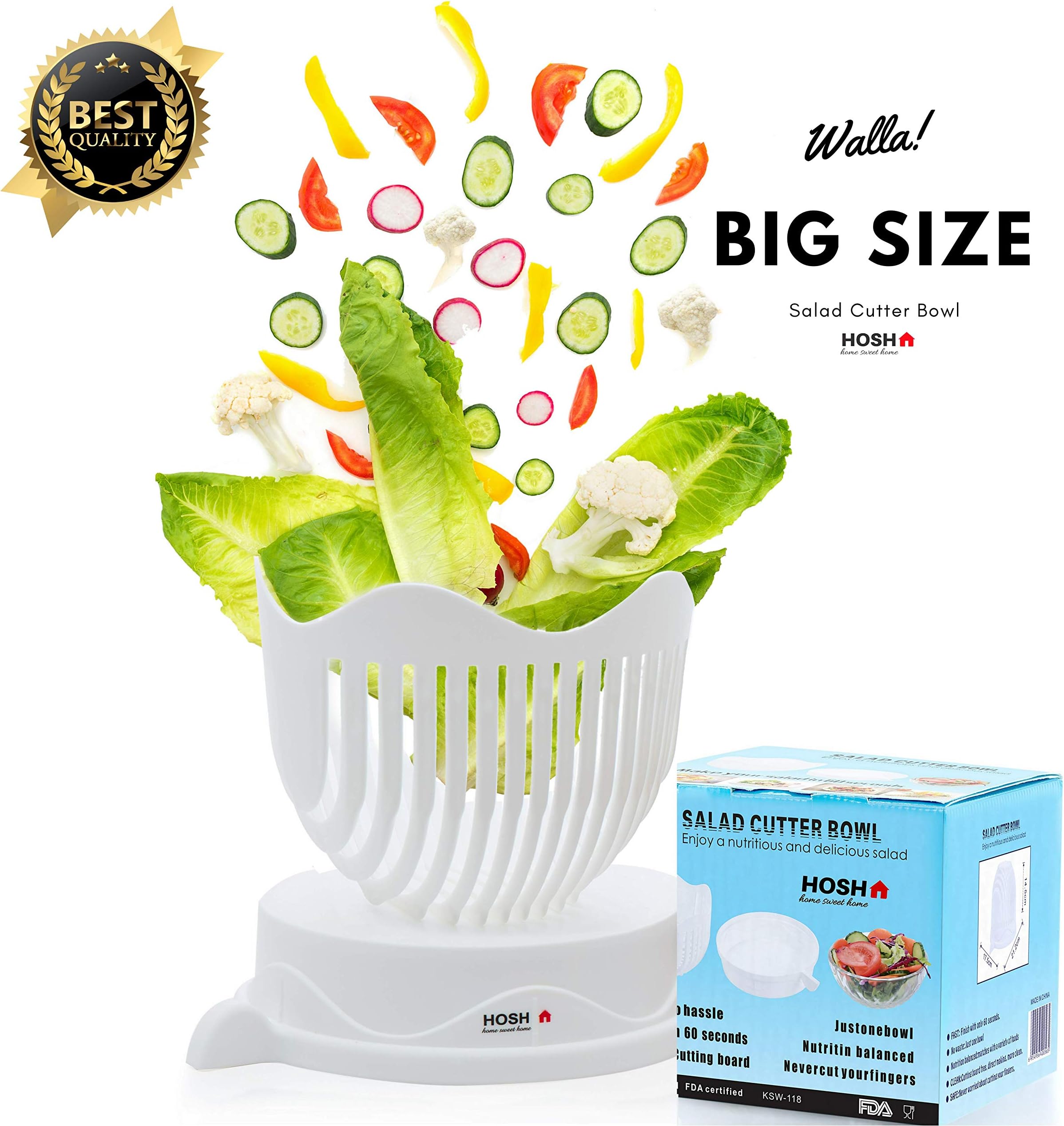 HOSH Salad cutter bowl Large Family Size 60 Seconds salad maker salad chopper bowl and cutter Fast Fresh Fruit Vegetable Slicer 1 minute salad maker kitchen Gadget Made By HQ ABS Plastic BPA FREE