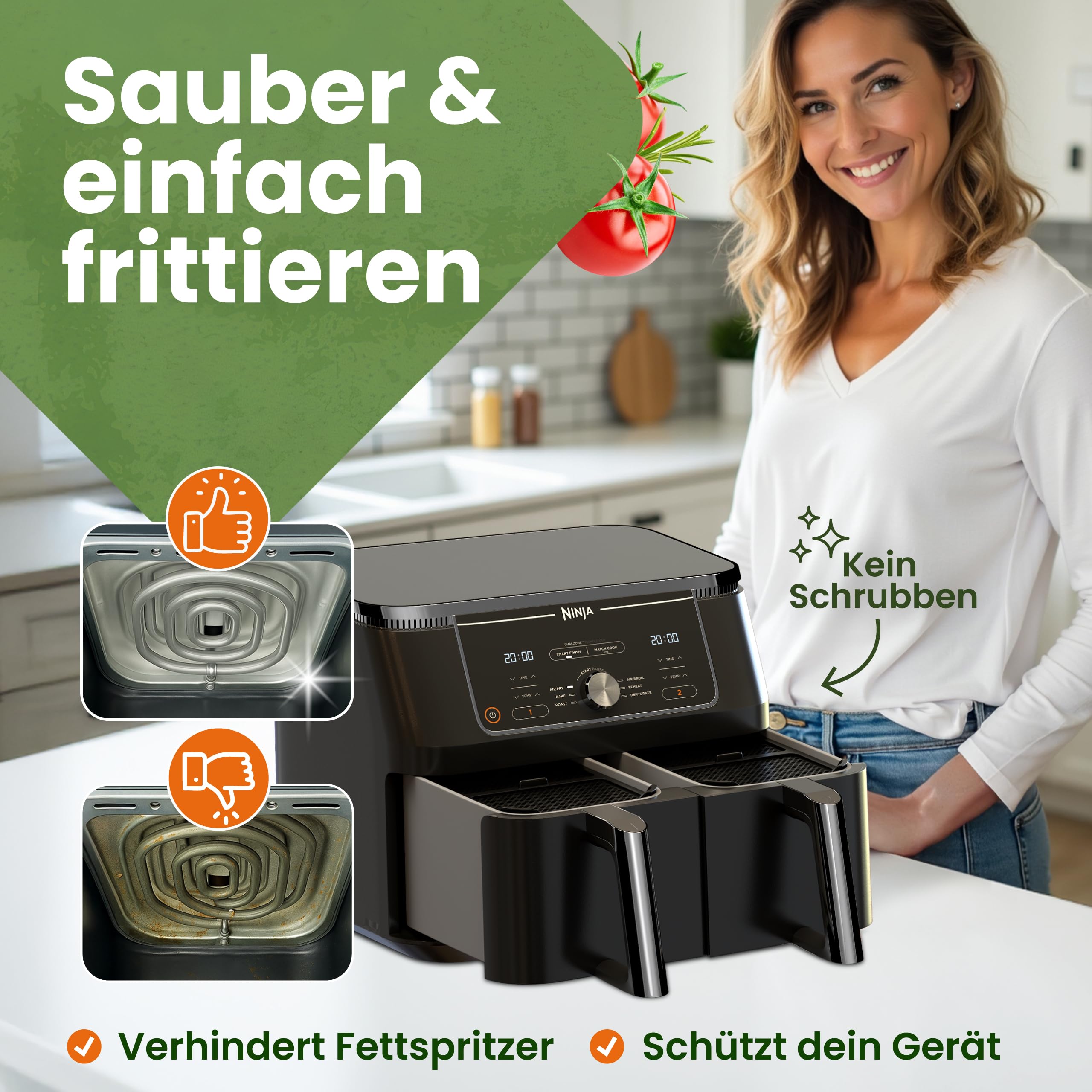 KRUSTENWERK® 2x Premium Spritzschutz Ninja AF400EU | Spritzschutz Airfryer Ninja [TESTSIEGER] Ninja Heißluftfritteuse Zubehör für Ninja Foodi Max Dual Zone | Airfryer Zubehör E-Book 150 Rezepte 2