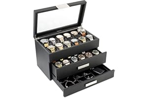 Glenor Co Watch Box with Valet Drawer for Men - 24 Slot Luxury Case Display Watch Organizer, Carbon Fiber Design - Metal Buckle for Mens Jewelry Watches, Men's Storage Boxes Holder has Large Glass Top