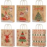 Mediee 12 Packs Christmas Gift Bags with Handle Christmas Kraft Paper Bags 8.3 x 6 Inches 6 Style Small Xmas Bags for Gifts Holiday