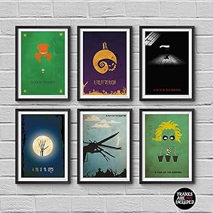 Tim Burton Minimalist Poster Set 6 Movie in Set Alice in Wonderland The Nightmare Before Christmas Sweeney Todd Corpse Bride Edward Scissorhands Beetlejuice Artwork Art Home Decor Wall Hanging