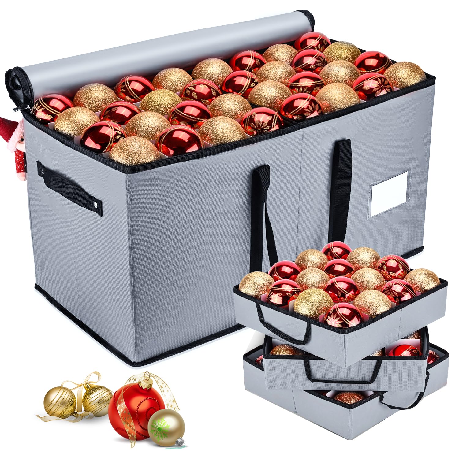 Photo 1 of Mrrihand Christmas Ornament Storage Box, Ornament Storage Container with 8 Trays-Xmas Decoration Organizer Keeps 128 Holiday Ornaments 3-Inch, Dual Zipper Closure, 600D Tear-Proof?Grey?