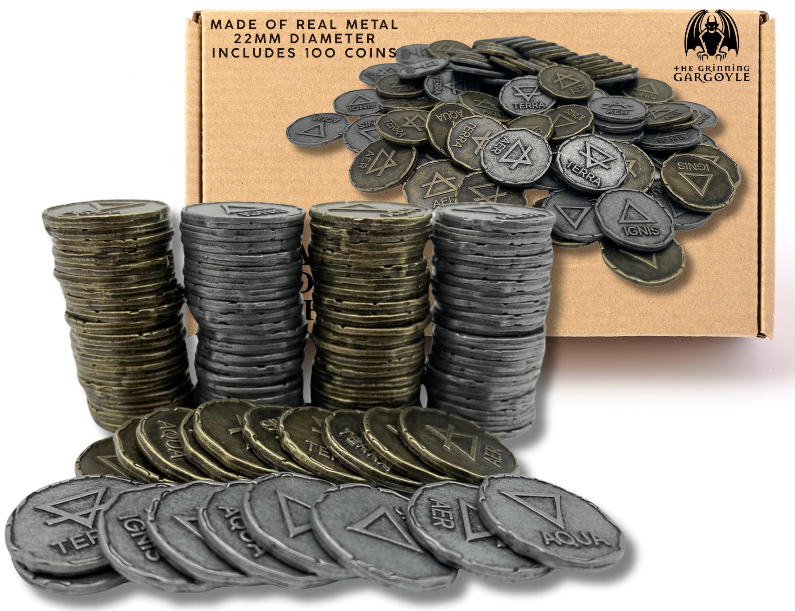Fake Money Metal DnD Coin Set - Perfect Dungeons + Dragons Gifts & Treasure Chest Surprise - 100 Realistic Gold & Silver Coins with Elemental Symbols - Ideal for Cosplay & Board Games