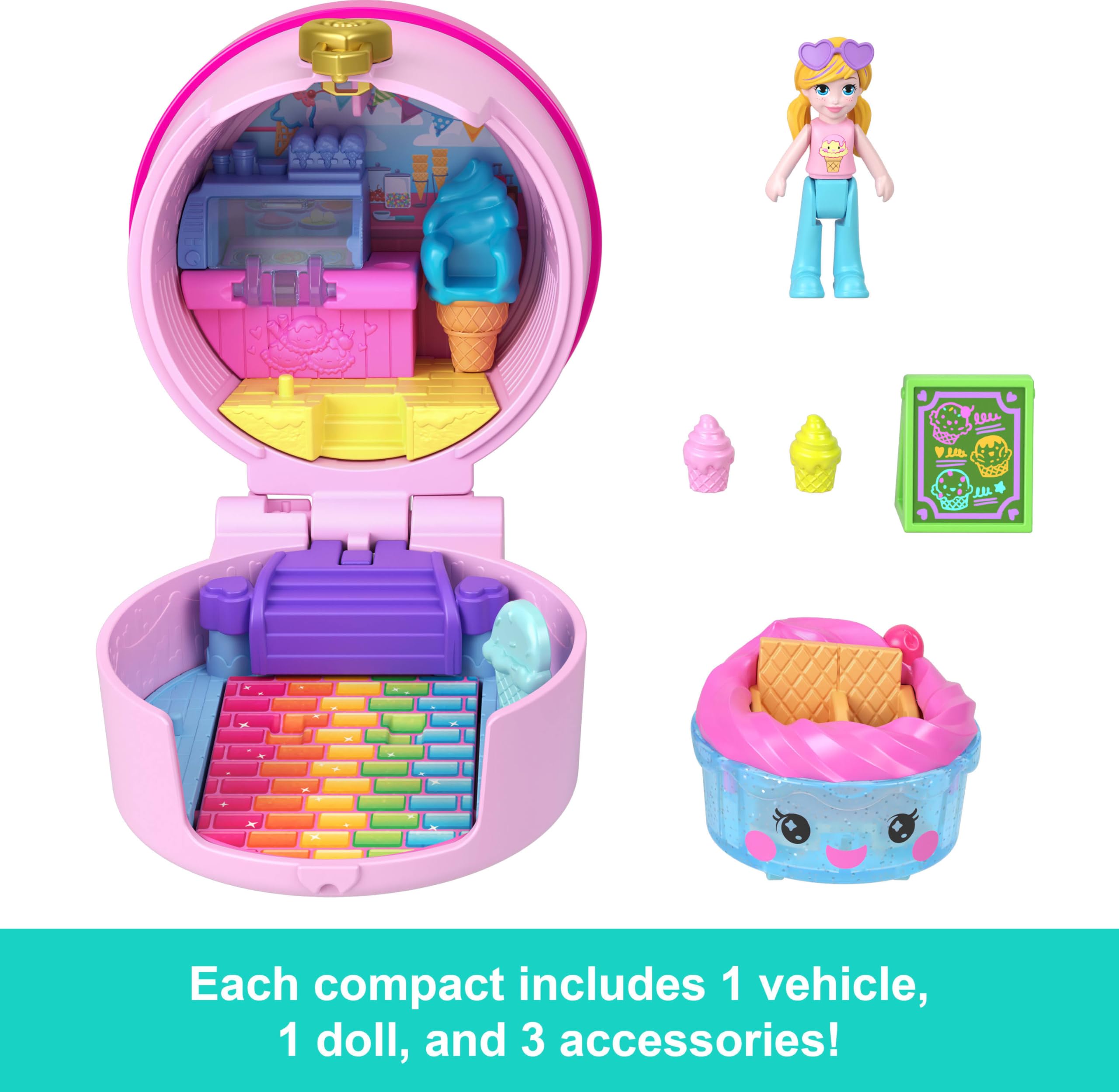 Polly Pocket Micro Dolls & Compacts with Toy Cars, Food Theme Vehicle Collection, Tiny Take Out Reveal Assortment with Surprises