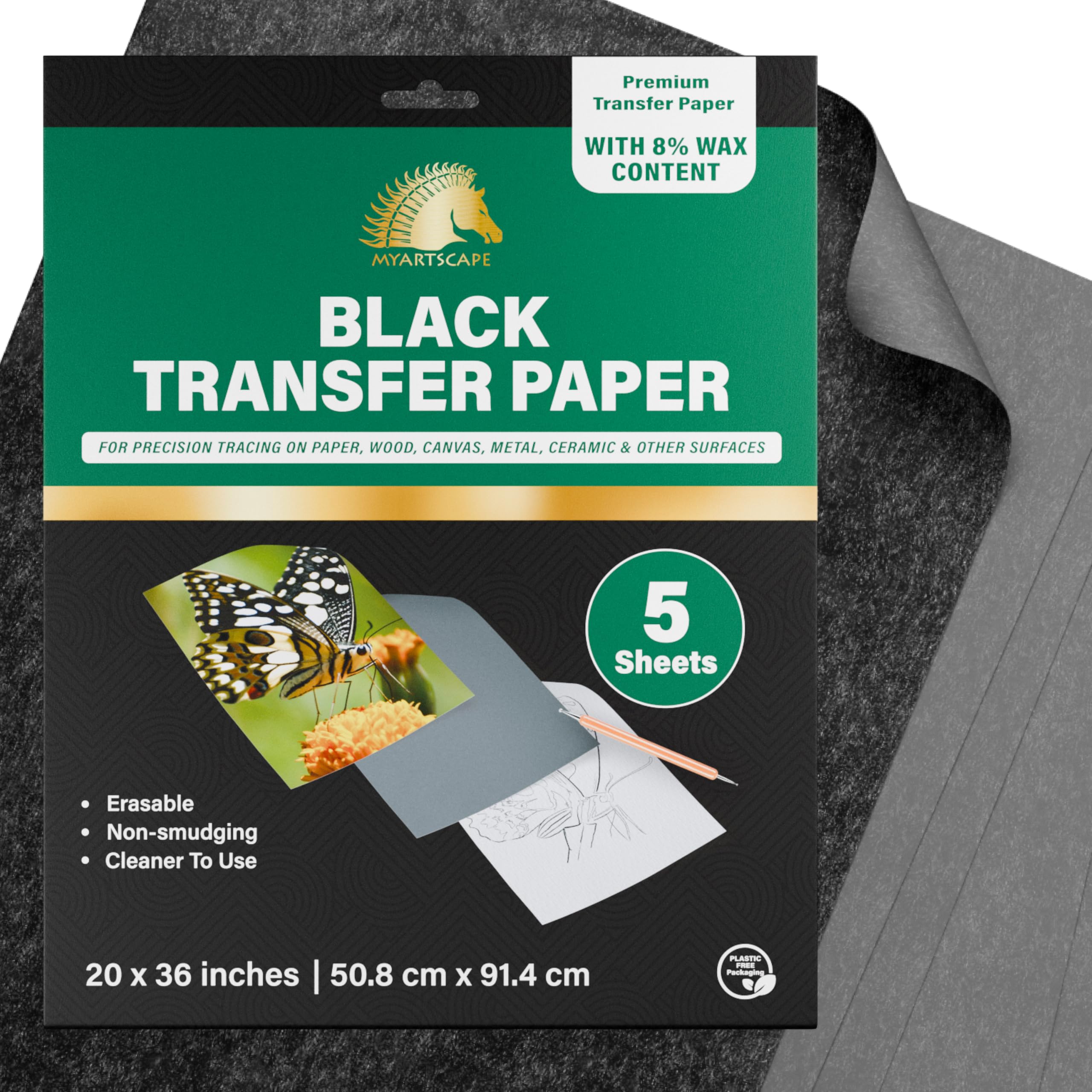 MyArtscape Graphite Transfer Paper - 20" x 36" - 5 Sheets - Waxed Carbon Paper for Tracing (Black)