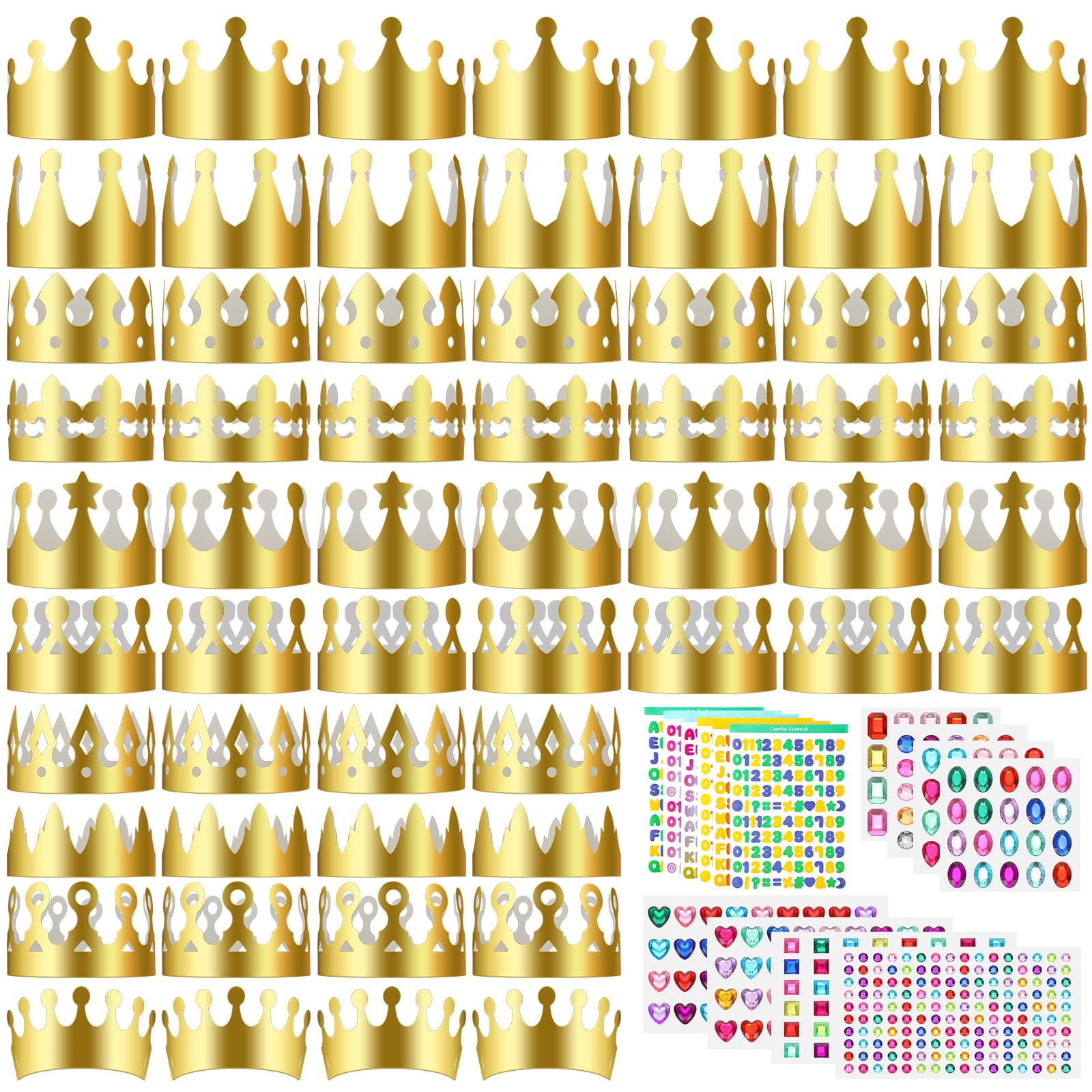 Photo 1 of Meanplan 50 Pieces Gold Paper Crowns Birthday Crowns DIY Craft Kit for Princess Prince with 28 Sheets Gem Jewels Number Letter Stickers for Boy Girls Adults Birthday Party Favor Supplies Decoration