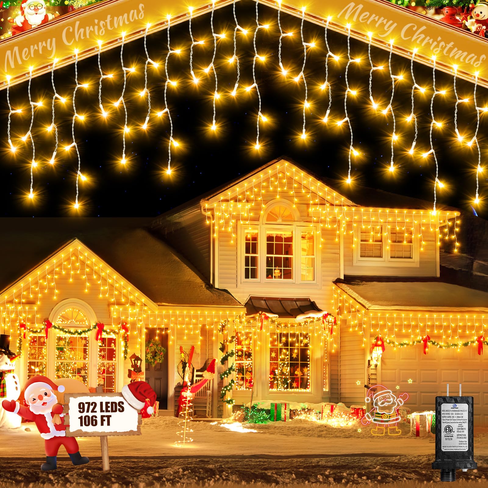 Photo 1 of 106 FT Christmas Lights Outdoor, 972 LED Waterproof Outside Christmas Lights Plug in, Connectable 8 Modes Hanging Fairy Lights with 216 Drops for House Eaves Yard Patio Wedding Decoration, Warm White