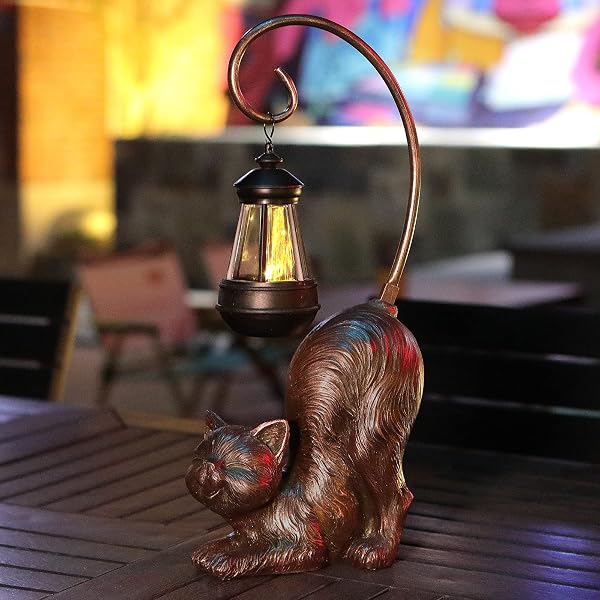 HAPYARD SOLAR CAT FIGURINE, 15.7 INCHES TALL LED WATERPROOF ANTIQUE BRONZE RESIN STATUE, AUTO ON/OFF AT DUSK FOR CAT LOVERS OR MEMENTO GIFT OUTDOOR DECOR