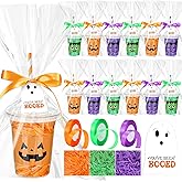 Jingmore 24 Sets 12 oz Halloween Gifts Cups Set Halloween Goodie Candy Bags with Card Ribbon and OPP Bags Disposable Plastic Clear Cups with Lids and Paper Straws for Treat Party Favor Supplies