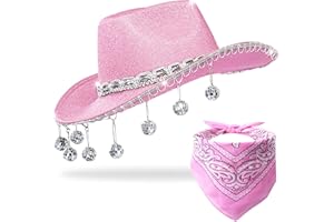 JIANGLAI Pink Disco Cowgirl Hat with Bandana,Glitter Rhinestone Disco Ball Cowboy Hat for Women Men Costume Cosplay