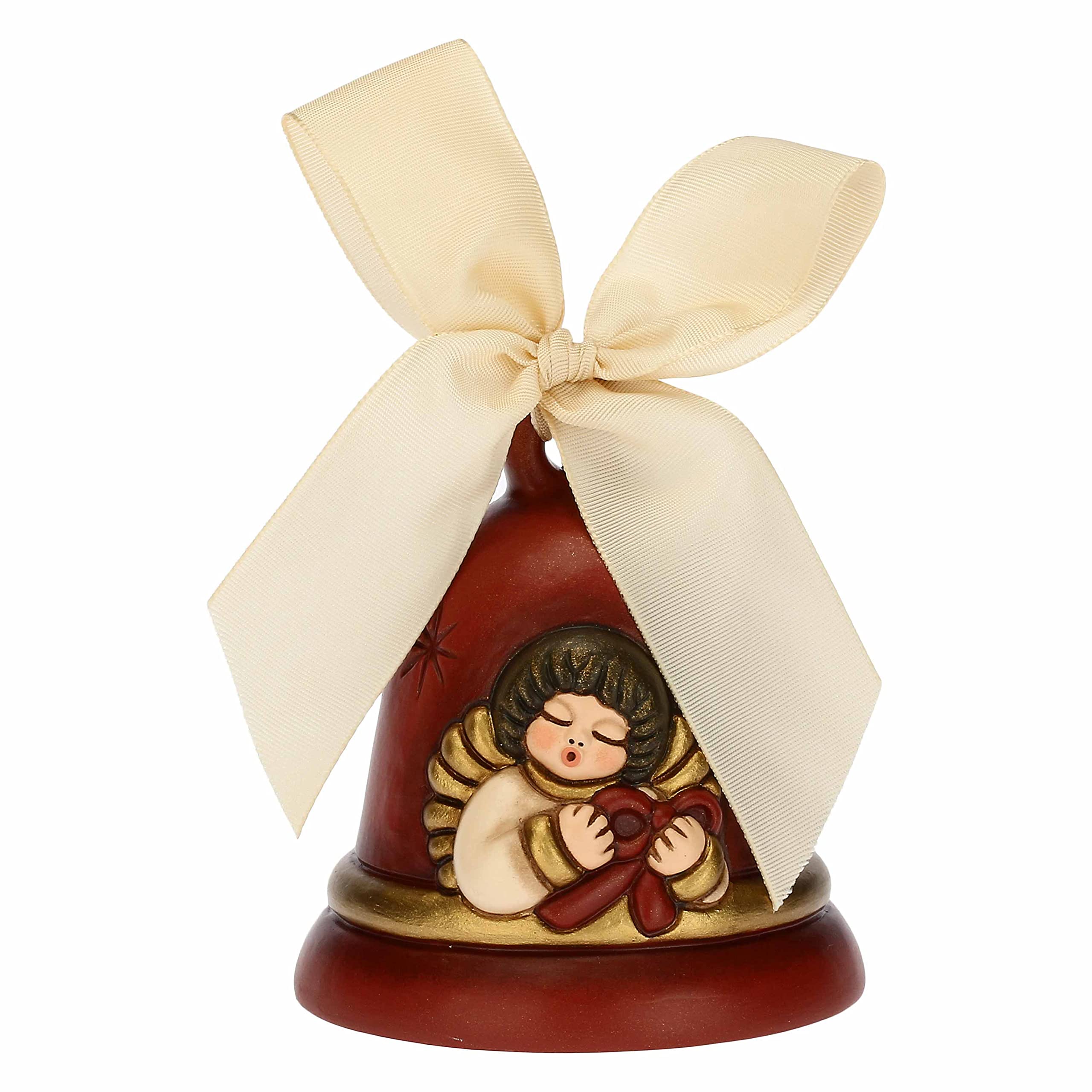 THUN - Red Bell Limited Edition 2021 with Angel - Ceramic and Organza Ribbon - Christmas Line - Living, Home Decor - Ø 7 cm; 8 cm h; Beige Ribbon 45 cm