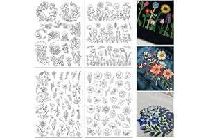 ORIGACH 4 Sheets 105 Pcs Water Soluble Embroidery Patterns Stabilizers - Pre-Printed Floral, Flowering Shrubs & Leaves Designs - Stick & Stitch Embroidery Paper for Hand Sewing Lovers