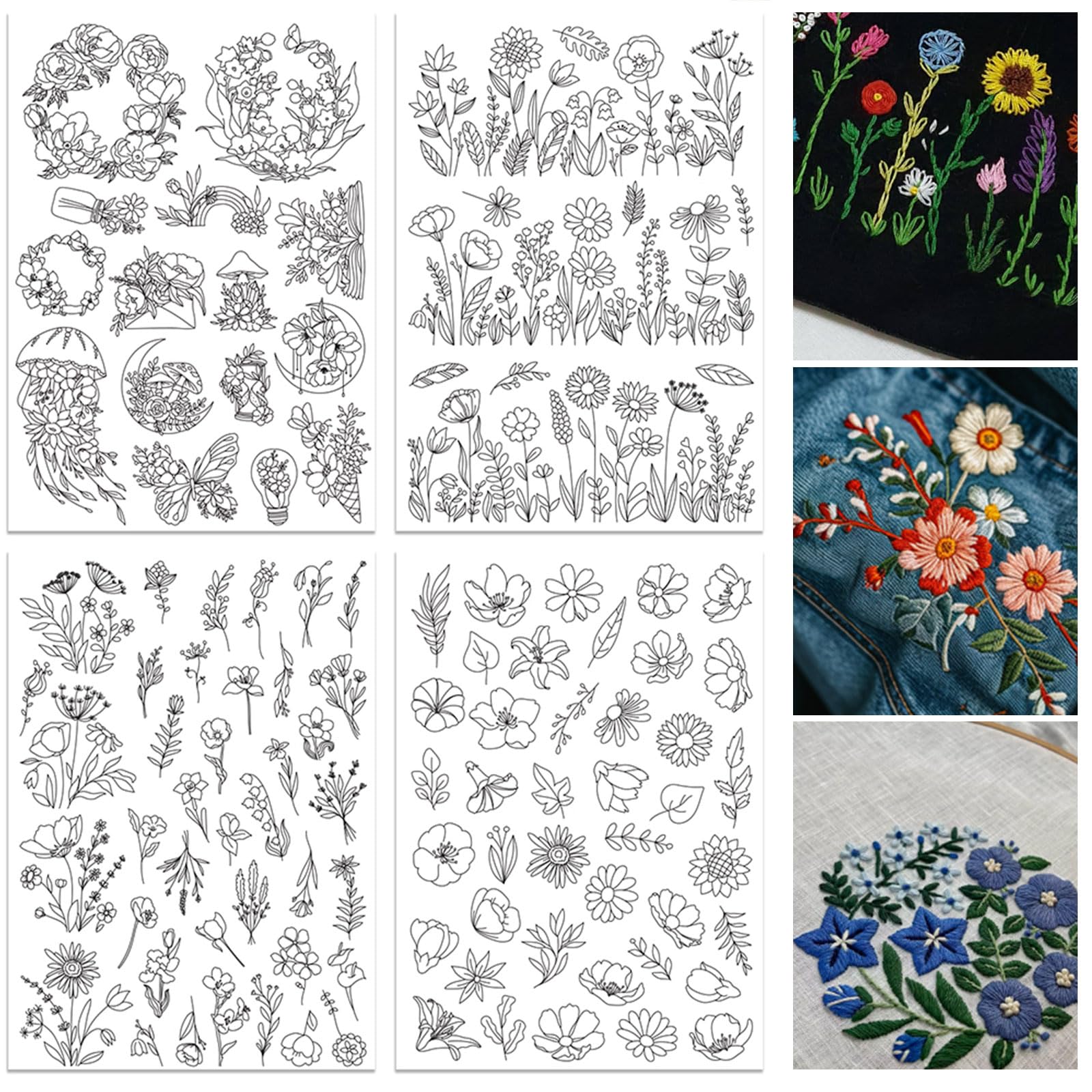 ORIGACH 4 Sheets Water Soluble Embroidery Stabilizers, 105 Pcs Floral, Flowering Shrubs & Leaves Patterns Stick and Stitch Embroidery Paper Hand Sewing Stabilizers for Embroidery Lovers