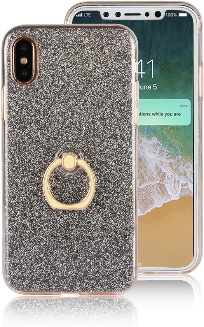 Artfeel For iPhone X Case, Stylish Bling Glitter Clear Transparent Ultra Slim Cover,Soft TPU Silicone Gel with Ring Holder Stand Anti-Scratch Shockproof Cover,Black