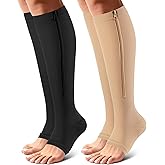 OUIVIAL Zipper Compression Socks Open Toe 15-20mmHg for Women&Men 2 Pairs Knee High Support Socks for Running Cycling