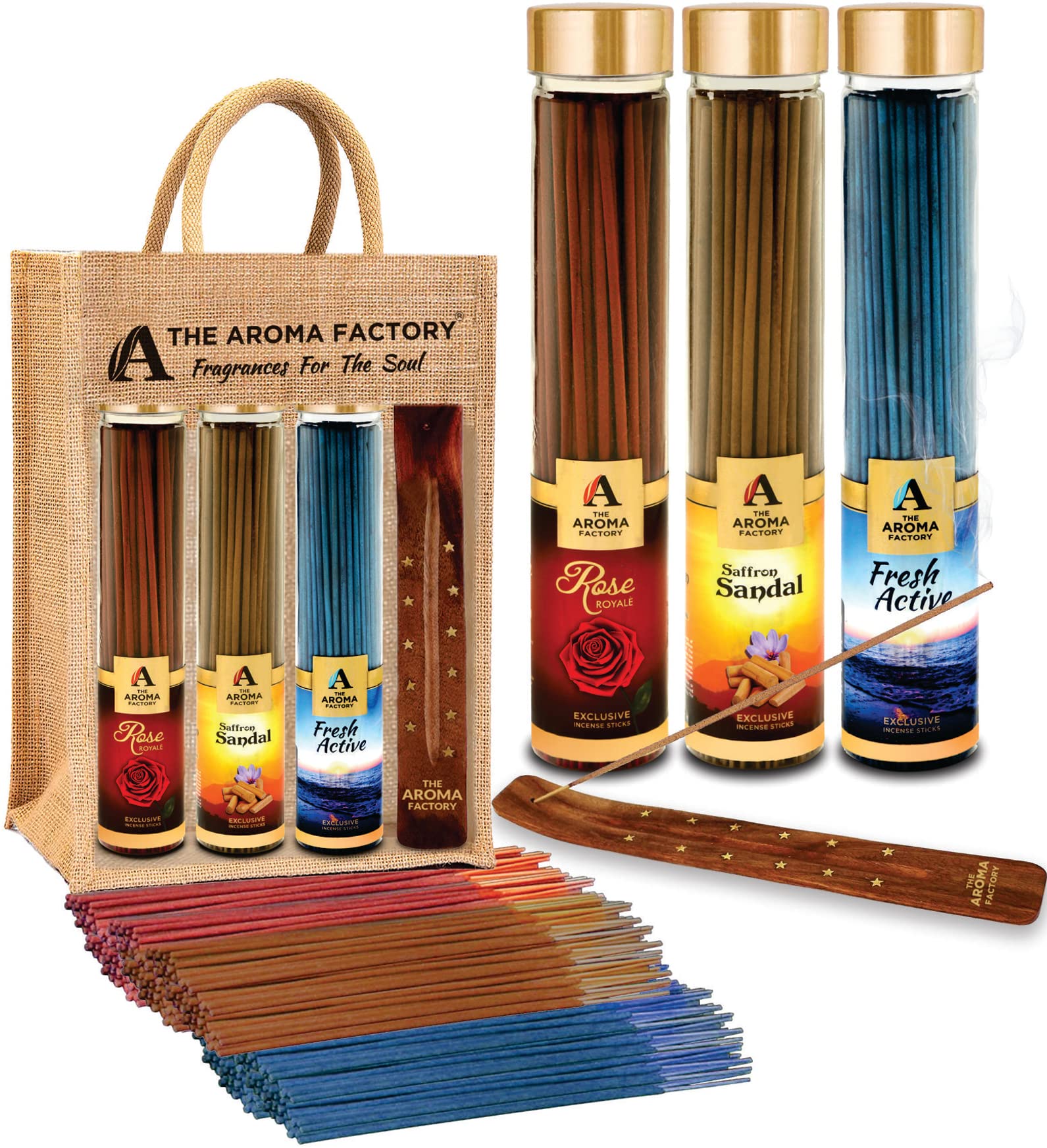The Aroma Factory Organic Incense Sticks Charcoal Free | Non Toxic | 100% Herbal Pooja Agarbatti | Natural Aromatic Fragrance, 3 x 100g Jute Gift Set with holder (Exotic Healing)
