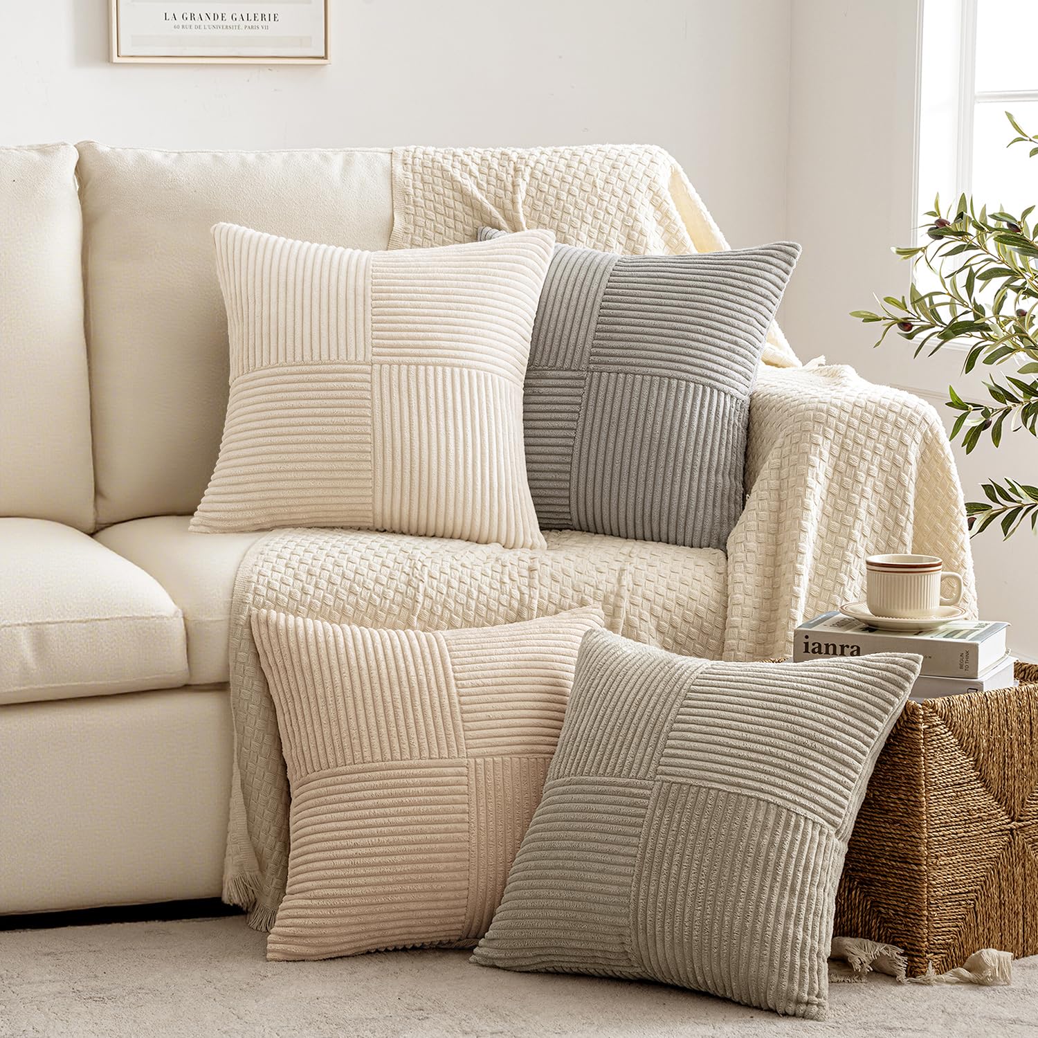 Photo 1 of **PARTIAL SET/MISSING 2 ** MIULEE Neutral Decorative Throw Pillow Covers 18x18 Inch Set of 4 for Livingroom Couch Sofa Modern Farmhouse Soft Corduroy Cushion Cases Striped Patchwork Home Decor (Cream,Grey)