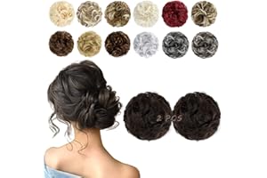 FeidyLong 2 PCS Messy Bun Hair Piece Wavy Curly Scrunchies Synthetic Chignon Ponytail Hair Extensions Thick Updo Hairpieces for Women Girls(Black Brown)