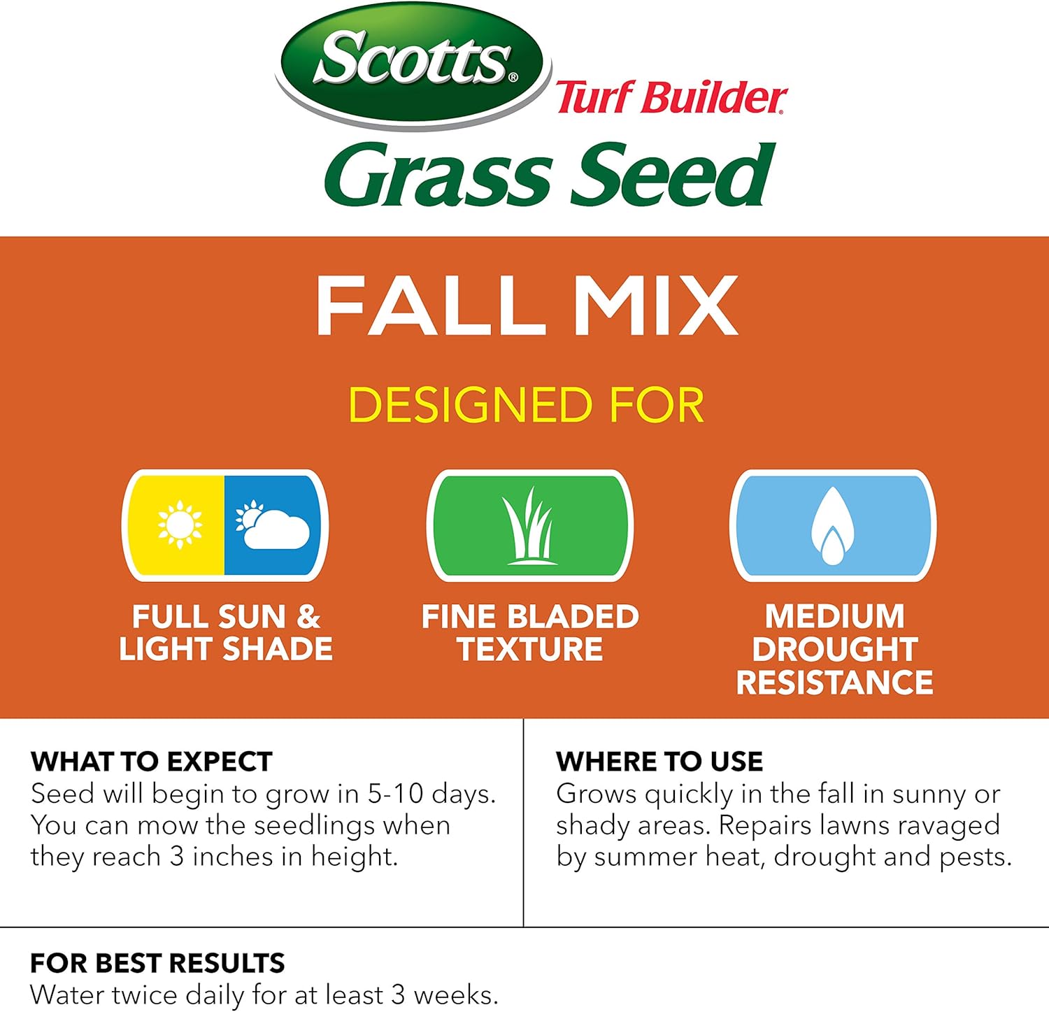 Scotts Turf Builder Grass Seed Fall Mix - 3 lb., Establishes Quickly to Help Lawn Recover From Summer Stress, Thickens and Strengthens To Help Prevent Future Weeds, Seeds up to 1, 200 sq. ft. : Grass Plants : Garden & Outdoor