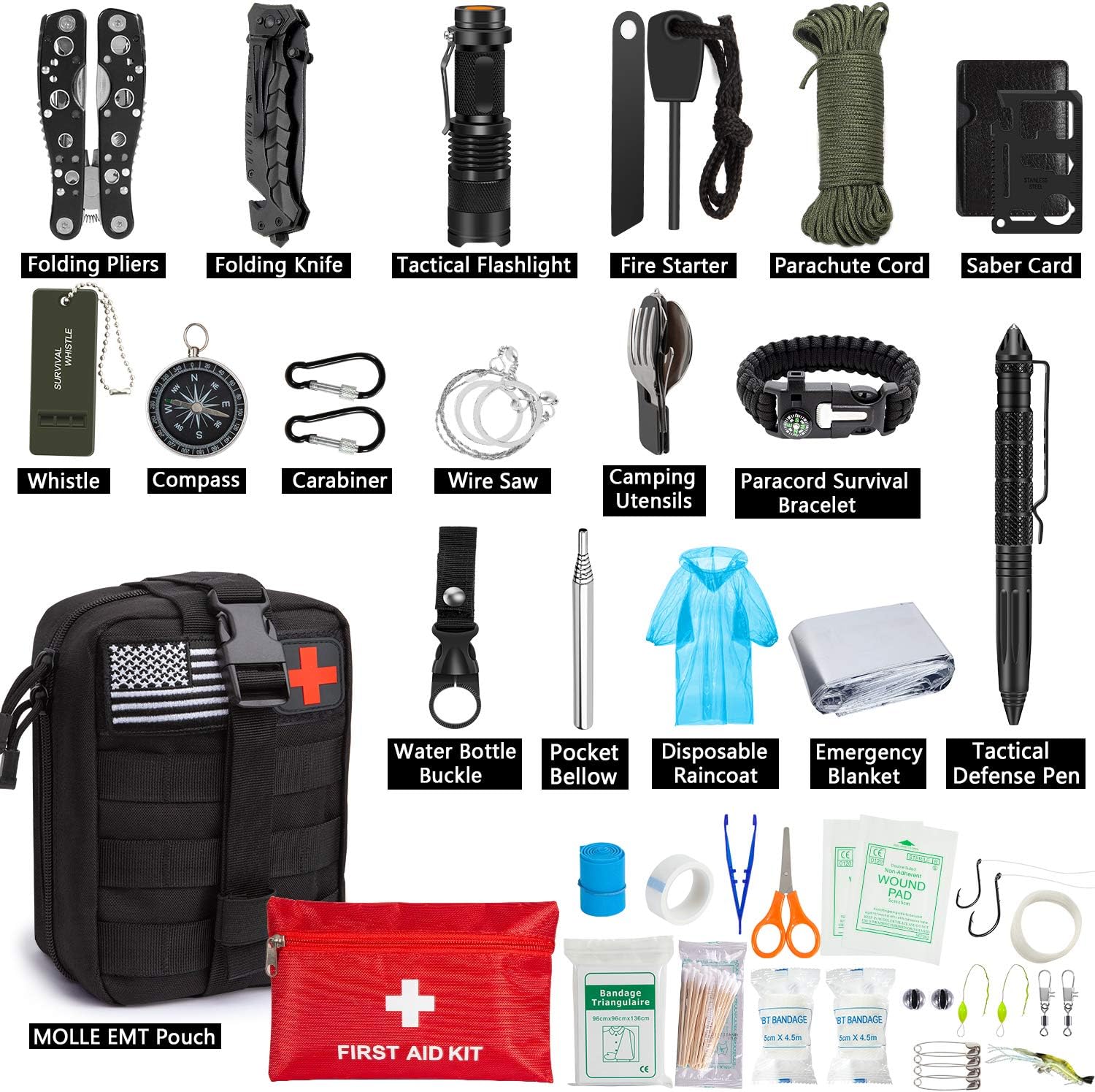 Emergency Survival Kit 47 in 1 Professional Survival Gear Tool First Aid Kit SOS Emergency Tactical Flashlight Knife Pliers Pen Blanket Bracelets Compass with Molle Pouch for Camping Adventures: Health & Personal Care