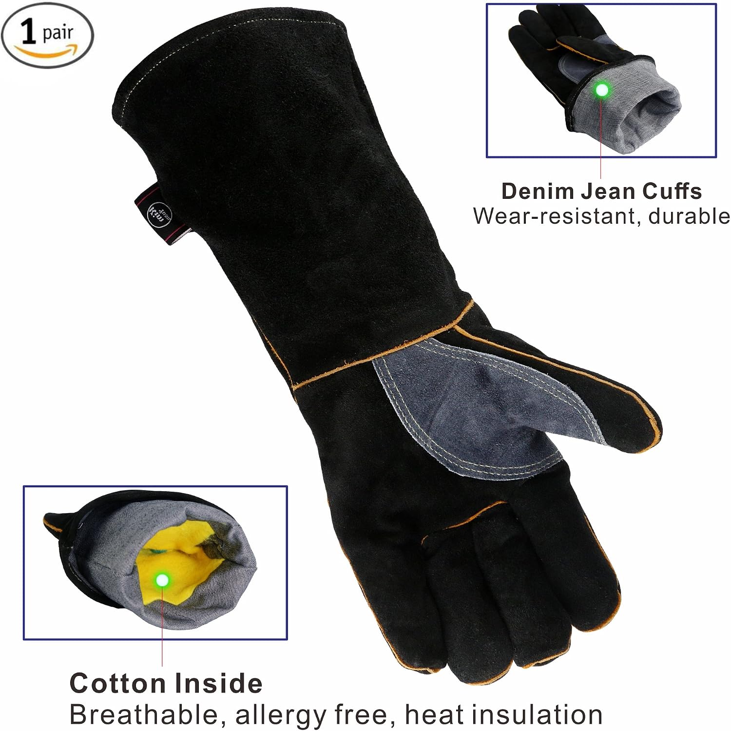 Kim Yuan Extreme Heat & Fire Resistant Gloves Leather with Kevlar Stitching,Perfect for Fireplace Stove, Oven, Grill, Welding - Image 3