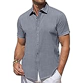 DEMEANOR Linen Shirts for Men Short Sleeve Button Down Shirts Summer Beach Casual Linen Button Up Shirt Vacation Wedding