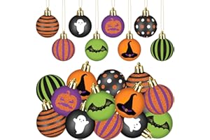 Glitinsel 24 Pcs 1.57 Inches Halloween Ball Ornaments for Tree 2 Inch Halloween Tree Decorations Pumpkin Ghost Bat Witch's Hat Halloween Tree Glitter Ornaments with Sequins for Holiday Decoration