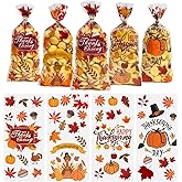 QOIUSO 50PCS Thanksgiving Treat Bags with 60 Twist Ties – Fall Cellophane Gift Bags for Cookies, Candy, Snacks, and Party Favors – Pumpkin, Turkey & Maple Leaf Thanksgiving Goodie Bags for Kids