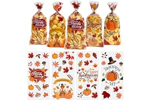 QOIUSO 50PCS Thanksgiving Treat Bags with 60 Twist Ties – Fall Cellophane Gift Bags for Cookies, Candy, Snacks, and Party Favors – Pumpkin, Turkey & Maple Leaf Thanksgiving Goodie Bags for Kids