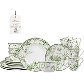 222 Fifth Adelaide Moss 16-Piece Porcelain Dinnerware Set – Service for 4, Plates, Bowls & Mugs, Hand-Applied Decal, Microwave & Dishwasher Safe, for Everyday Dining & Entertainment