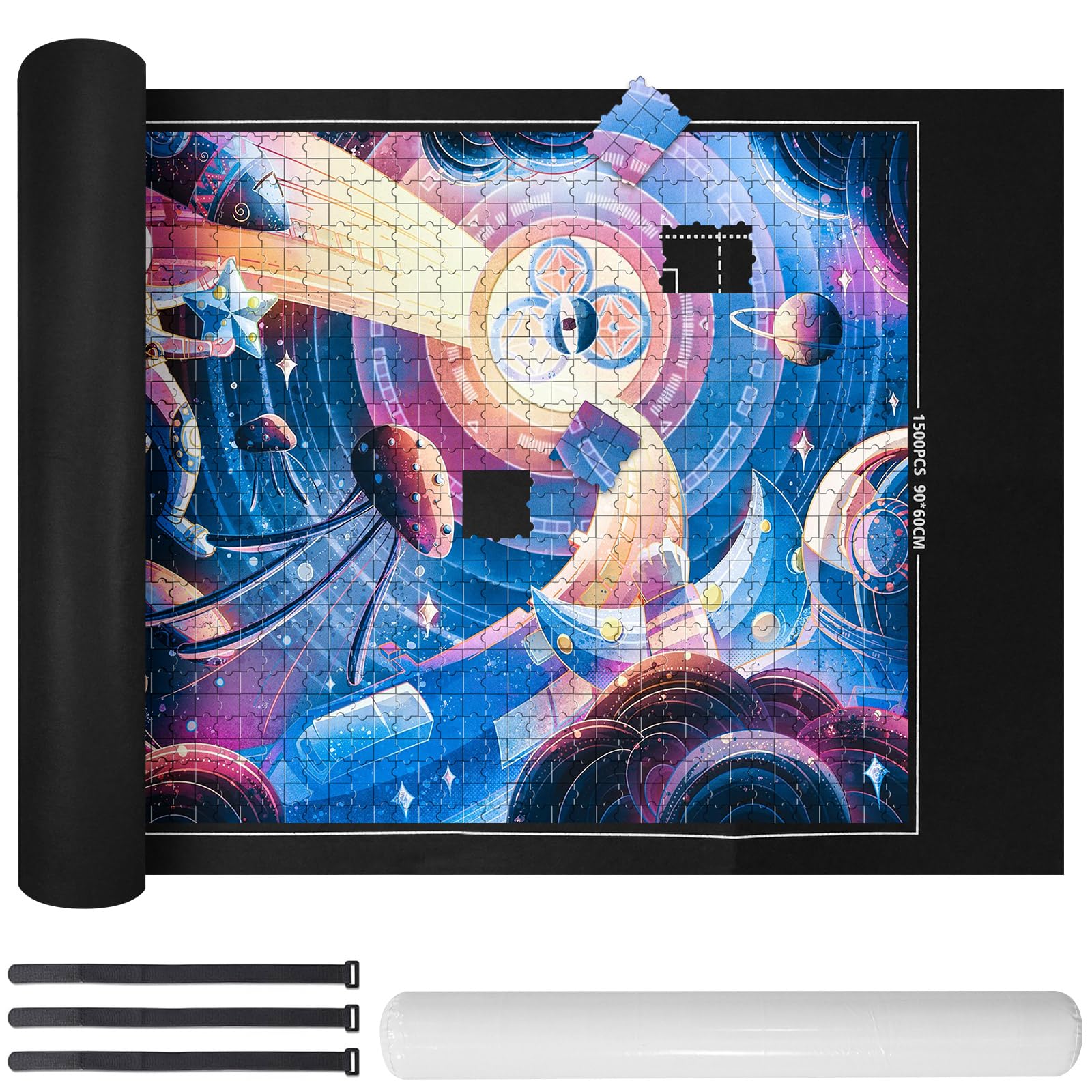 Jigsaw Roll Up Mat - Puzzle Mats for Jigsaws 1000 500 1500, Felt Jigsaw Mat Roll with Line, Puzzle Saver Kit with Foldable Jigsaws Board, Roll & Straps, For Adults Teens
