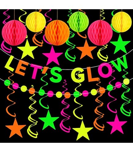 46 Piece Glow Party Supplies Kit - Neon Banner & Photo Booth Props For Birthday Halloween Events