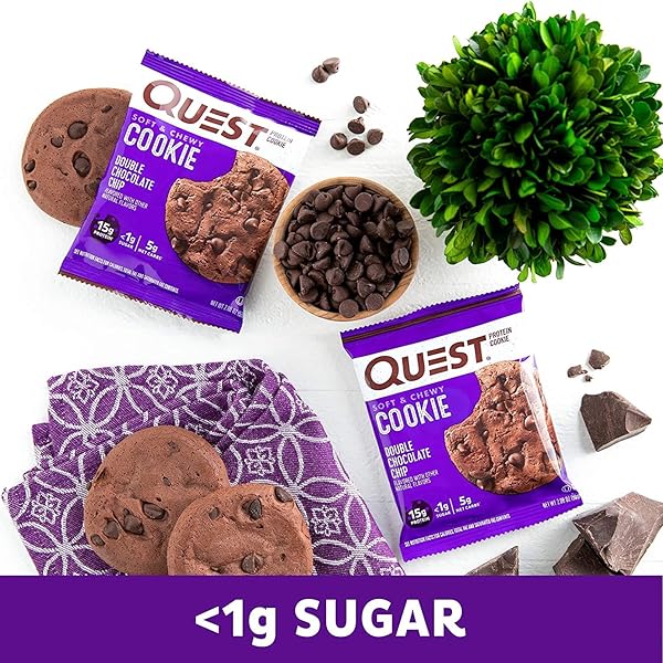 QUEST NUTRITION PROTEIN COOKIE, DOUBLE CHOCOLATE CHIP, 15G PROTEIN, 5G NET CARBS, 240 CALS, 2.08OZ COOKIE, SINGLE SAMPLE, HIGH PROTEIN, LOW CARB, GLUTEN FREE, SOY FREE