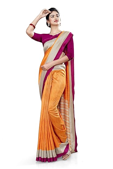 Uniform Sarees Corp Womens Plain Border Polycotton CotFeel Industrial Uniform Saree With Blouse (Orange;Wine)