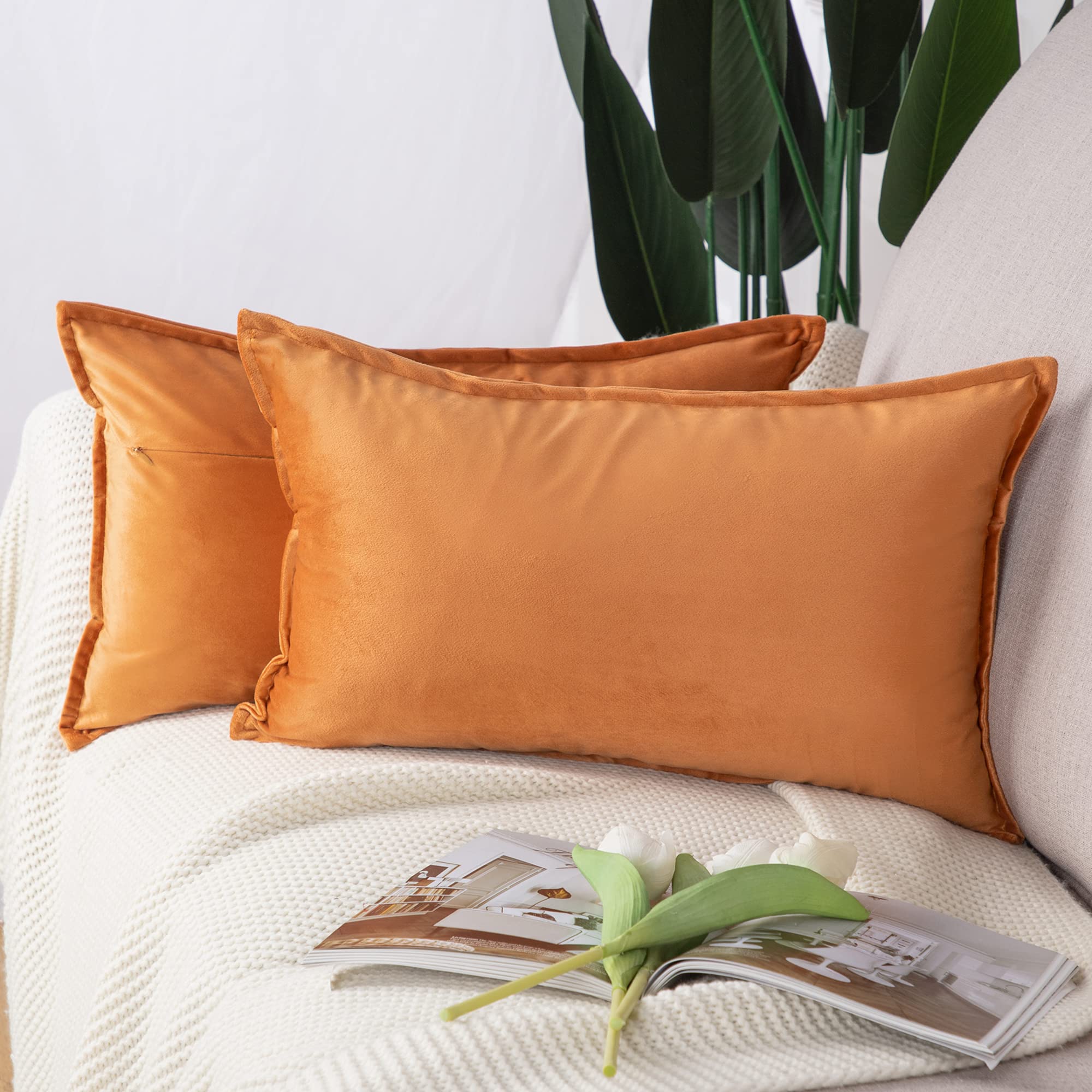 Madizz Pack of 2 Super Soft Velvet Decorative Cushion Covers with Fringe Luxury Style Cushion Case Pillow Shell for Sofa Bedroom Orange 12x20 inch, 30x50 cm Rectangular