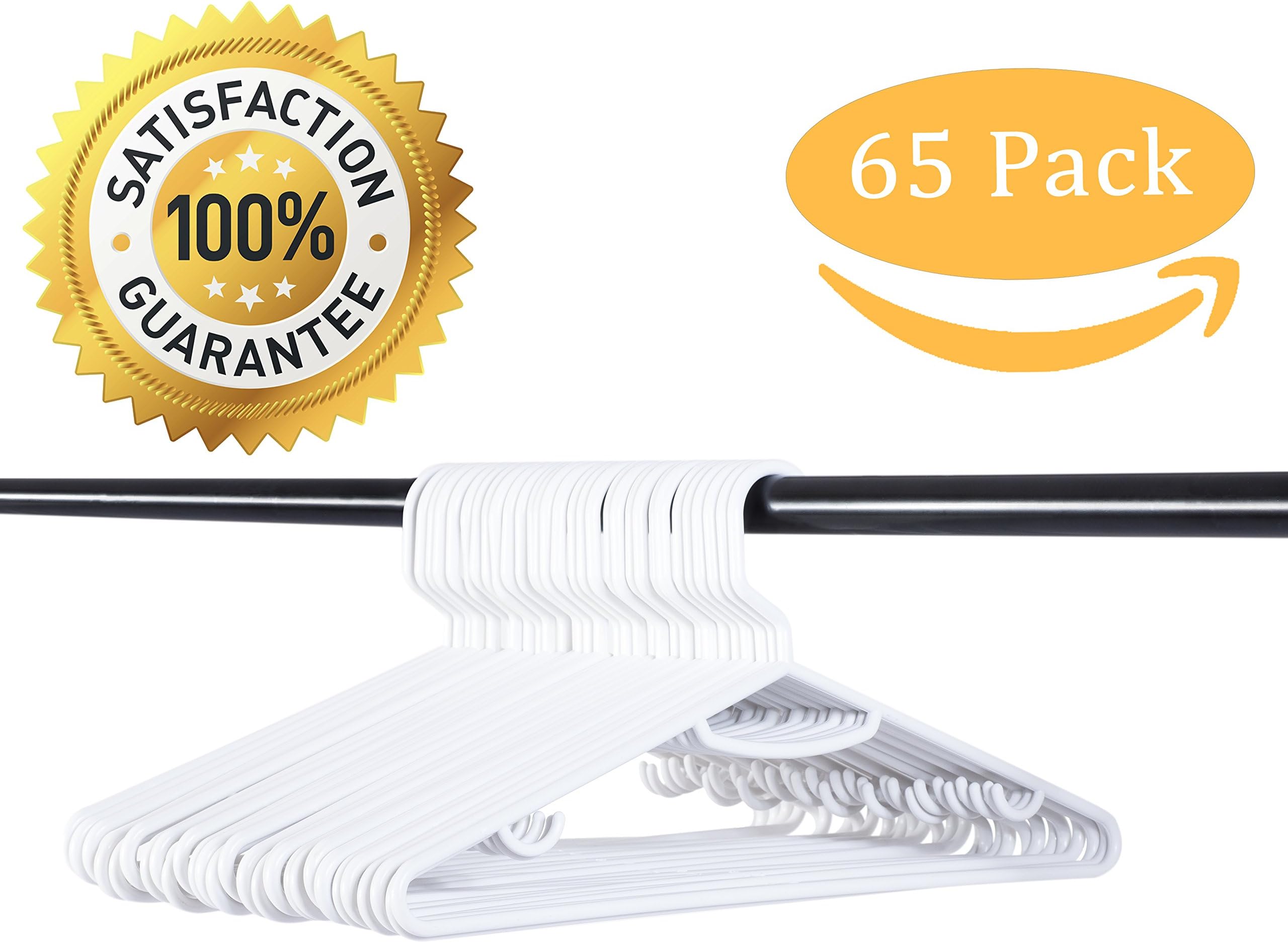 65 Count Value Pack White Plastic Cloth Hangers for Closet Organization, Flexible with Double Hooks for Hanging Accessories; Space Saver Size