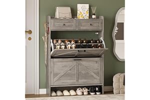 BORNOON Shoe Storage Cabinet for Entryway, Farmhouse Narrow Shoe Cabinet with 2 Flip Drawers & Top Drawers, Adjustable Shelves & Hooks, Freestanding Hidden Rack Organizer for Hallway, Foyer