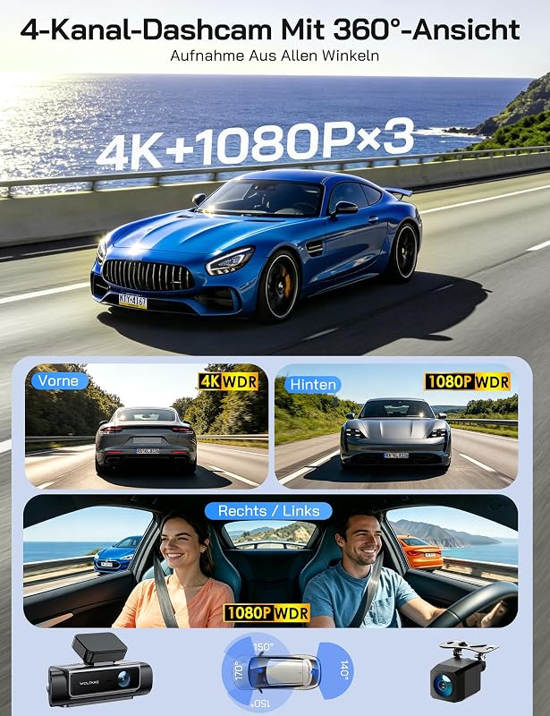 Dashcam, 4K 4-Kanal 5.8GHz WiFi Dash Cam, 360° Kamera für Auto