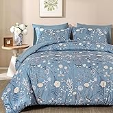 Yiran Blue Comforter Set Queen Size, 7 Piece Floral Comforter Bedding Set, Botanical Farmhouse Bed in a Bag, Soft Microfiber Complete Bedding Set with Sheets for All Season