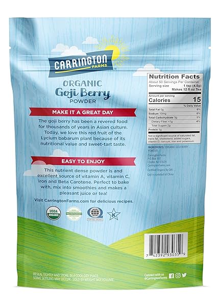 CARRINGTON FARMS ORGANIC GOJI BERRY POWDER – FINELY MILLED GOJI BERRIES, SWEET-TART SUPERFOOD, ANTIOXIDANT-RICH, LOW CALORIE, 8 OZ