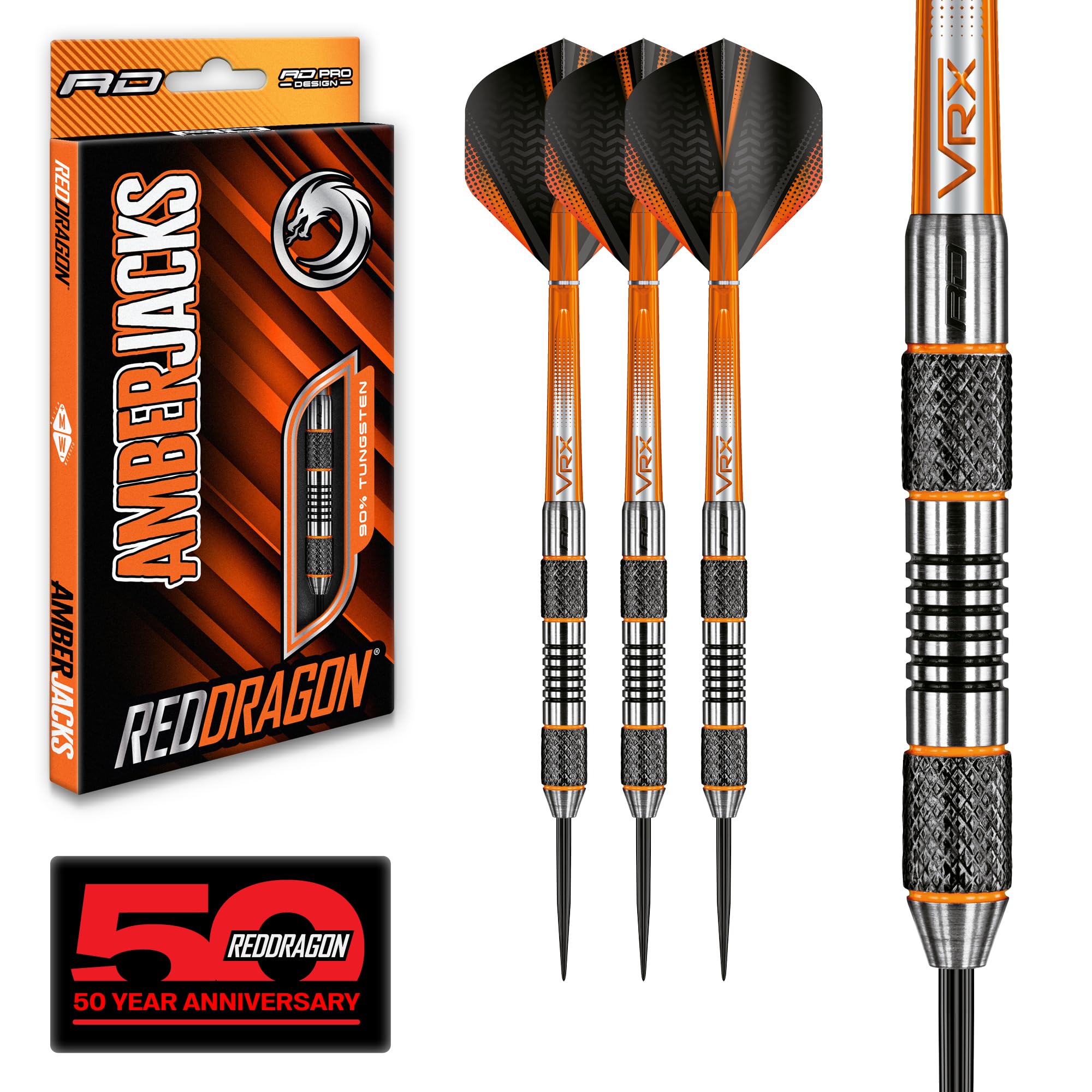 RED DRAGON Darts – Amberjack 5 Series 24g Steel Tip Dart Set with Dart Flights and Dart Shafts (Stems)