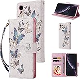 UEEBAI Wallet Case for iPhone XR, PU Leather Phone Case Kickstand RFID Blocking Flip Case with Card Slots Wrist Strap Relief Engraved Pattern Magnetic Closure Folio Case - Blue Butterfly