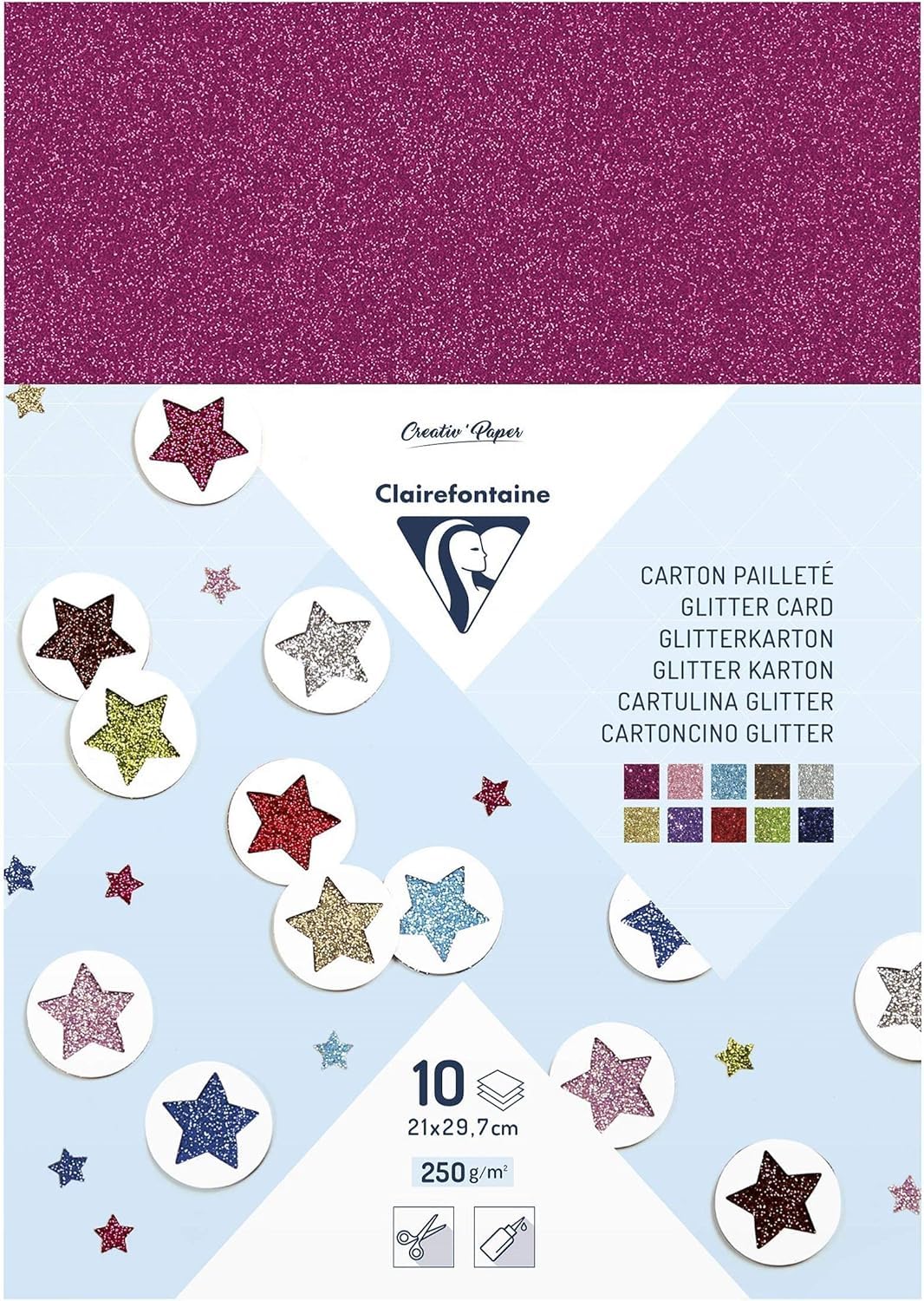 Clairefontaine 195598C - Pack of 10 glitter cardboard sheets 21x29.7 cm 200g, assorted colours - Arts and Crafts - Creative - Fun - Children's Activity