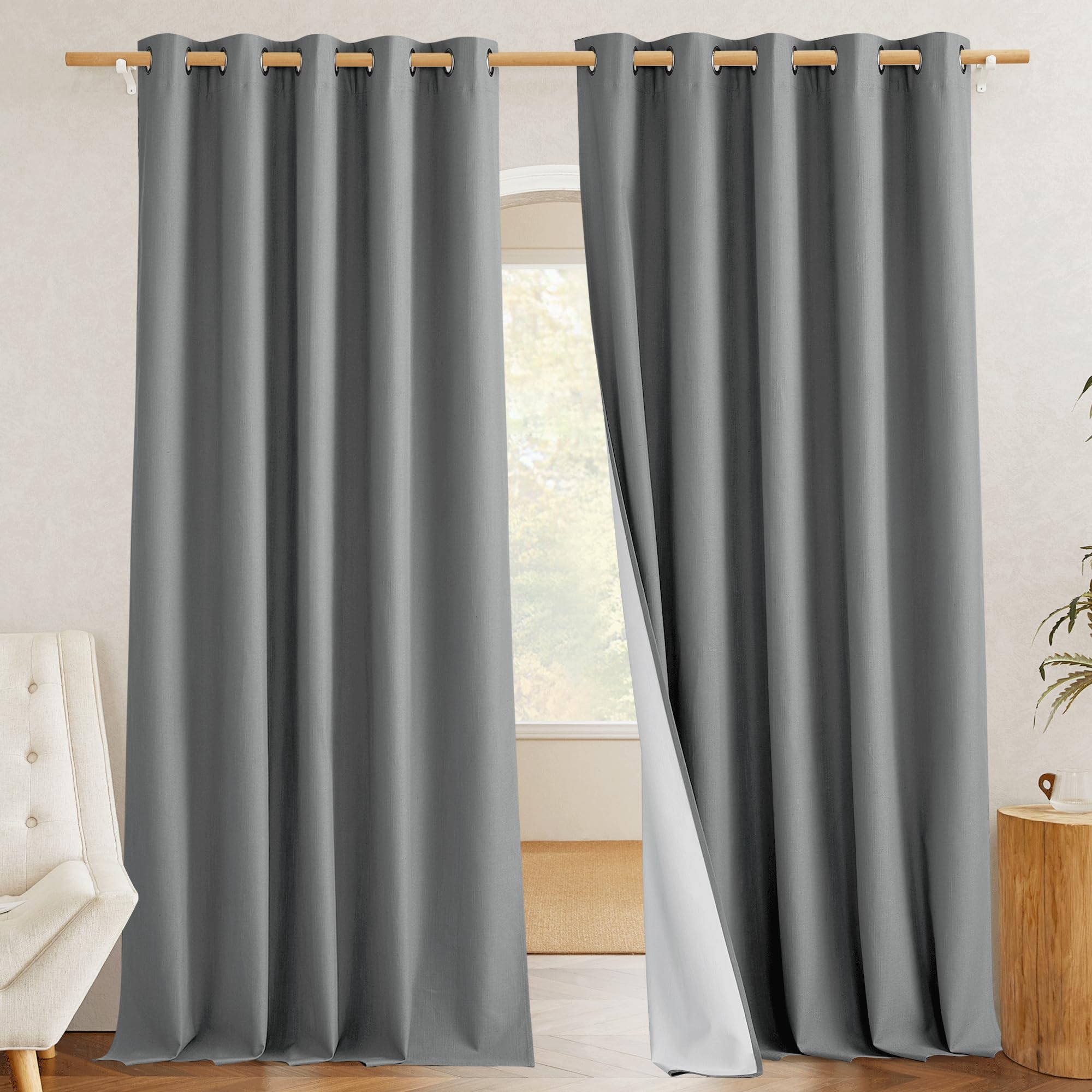 Photo 1 of ONLY 1 PANEL -------------------------------------------------NICETOWN 100% Absolutely Blackout Linen Curtains with Thermal Insulated White Liner, Dove Grey, W62, 1 Pieces, Noise Reducing Textured Linen Look Curtains for Windows 90 inch Length for Classro
