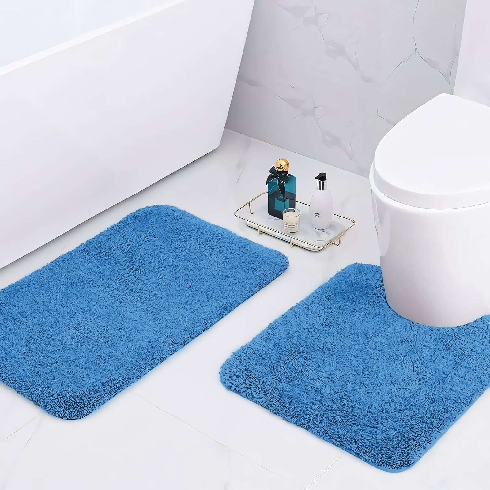 wyewye Microfibre Bath Mats, 2cm Super Thick Bath Rugs, Super Absorbent Bathroom Rugs 50x80cm and 50x50cm U-shape, Blue