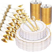 Himiyo 350 Piece Dinnerware Set for Wedding & Party,50 Guest RimPlastic Plates,50 Plastic Silverware,50 Cups,50 Linen Like Na