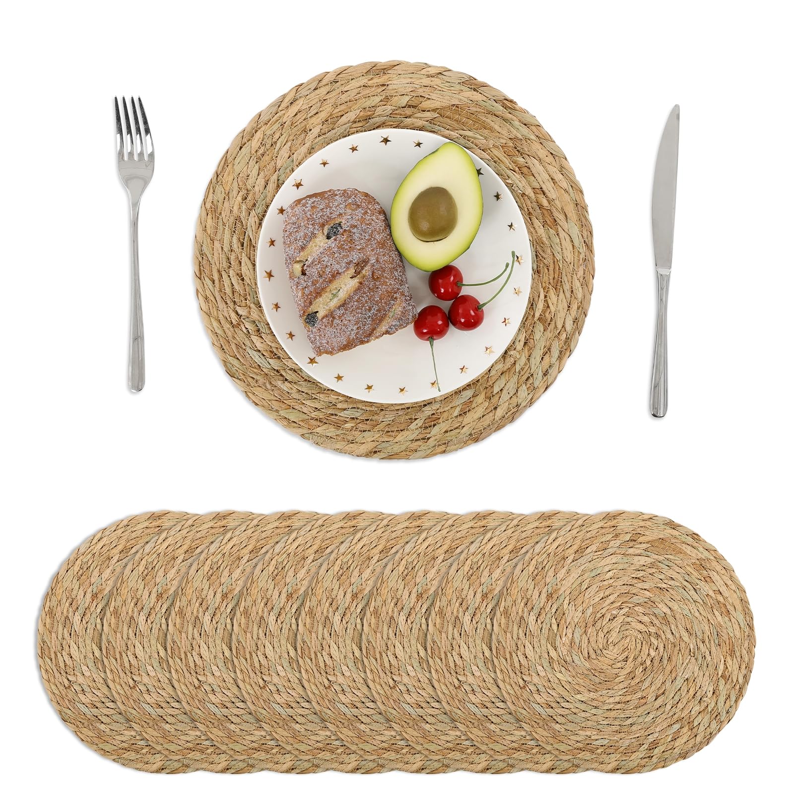 Photo 1 of SHACOS 8 pcs 12 inch Round Boho Rattan Placemats Natural Straw Handmade Woven Place Mats Rustic Water Hyacinth Wicker Table Mats Pads Plate Chargers Wedding Party Dining Table Decor