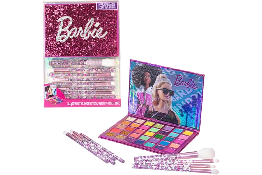 Barbie 35-Well Shadow Palette, Shimmery and Opaque Colors, Pigmented Blendable, 8 Application Brushes Ages 8+, Perfect for Parties, Sleepovers & Makeovers, By Townley Girl