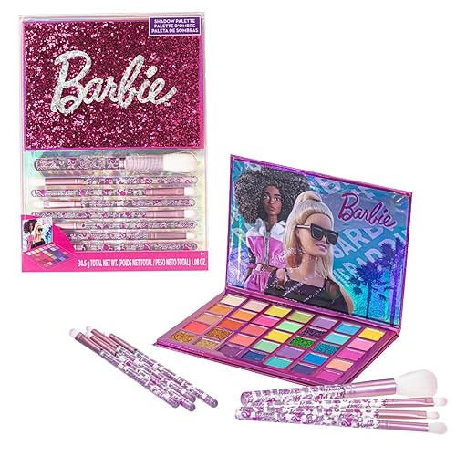 Barbie 35-Well Shadow Palette, Shimmery and Opaque Colors, Pigmented Blendable, 8 Application Brushes Non-Toxic 8+, Perfect for Parties, Sleepovers & Makeovers by Townley Girl